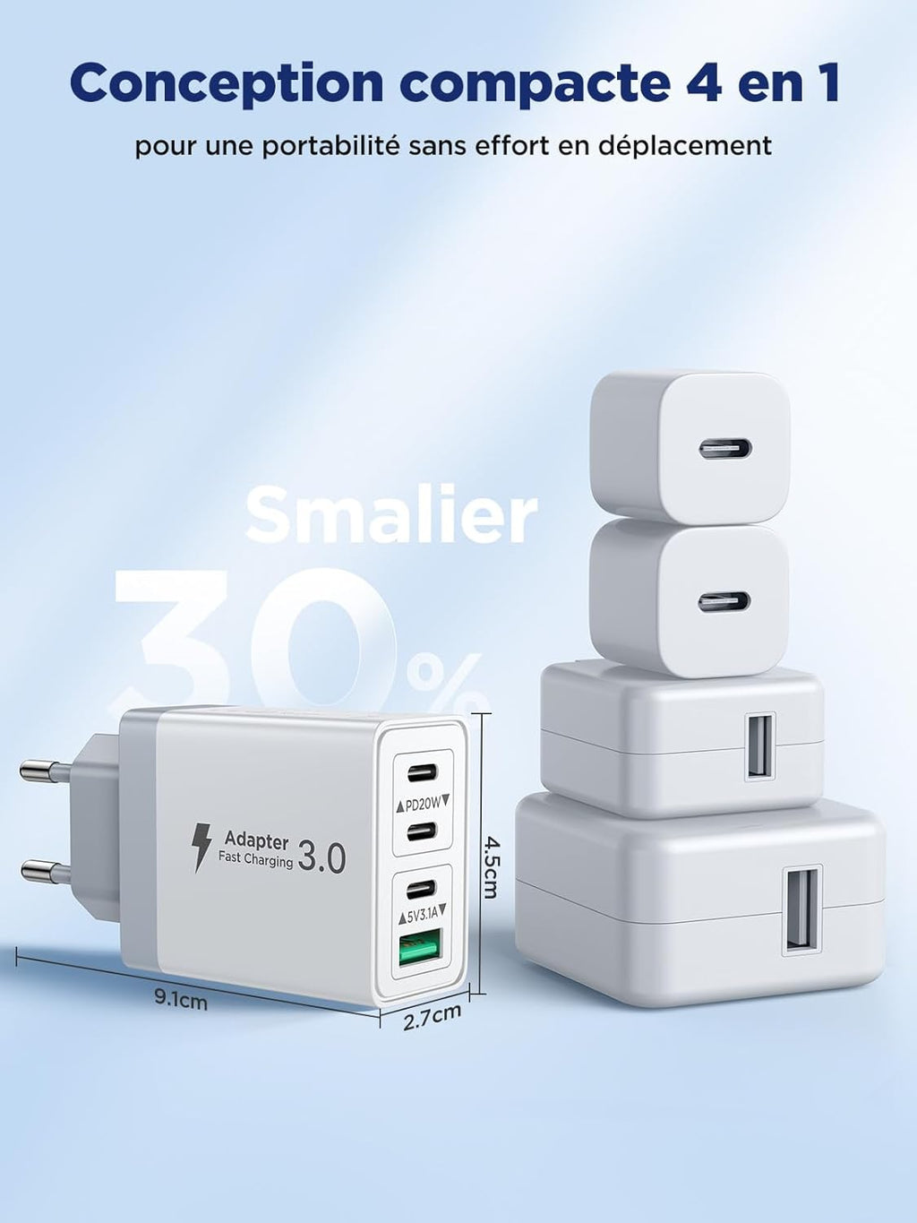 Chargeur USB C, Prise USB C Multi 40W 4 Port Chargeur Rapide iPhone 3.1A PD Type C Adaptateur Secteur USBC pour iPhone 16 15 14 13 12 11 Pro Max X XS XR 8 7 6S Plus Mini, iPad,Samsung Galaxy