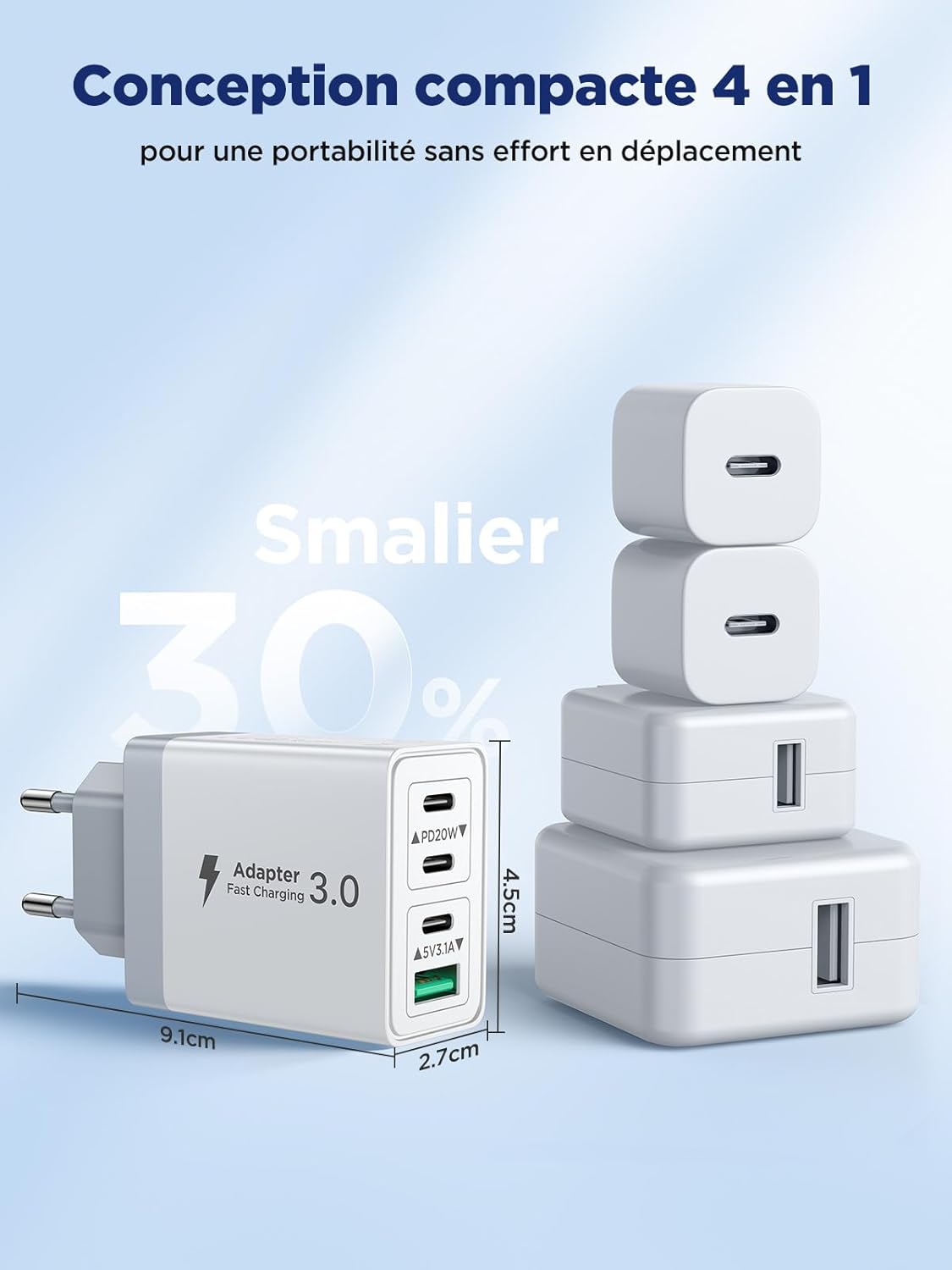 Chargeur USB C, Prise USB C Multi 40W 4 Port Chargeur Rapide iPhone 3.1A PD Type C Adaptateur Secteur USBC pour iPhone 16 15 14 13 12 11 Pro Max X XS XR 8 7 6S Plus Mini, iPad,Samsung Galaxy