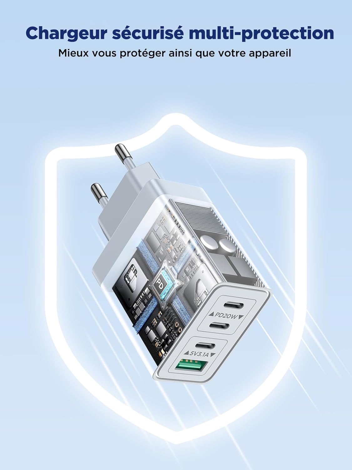 Chargeur USB C, Prise USB C Multi 40W 4 Port Chargeur Rapide iPhone 3.1A PD Type C Adaptateur Secteur USBC pour iPhone 16 15 14 13 12 11 Pro Max X XS XR 8 7 6S Plus Mini, iPad,Samsung Galaxy