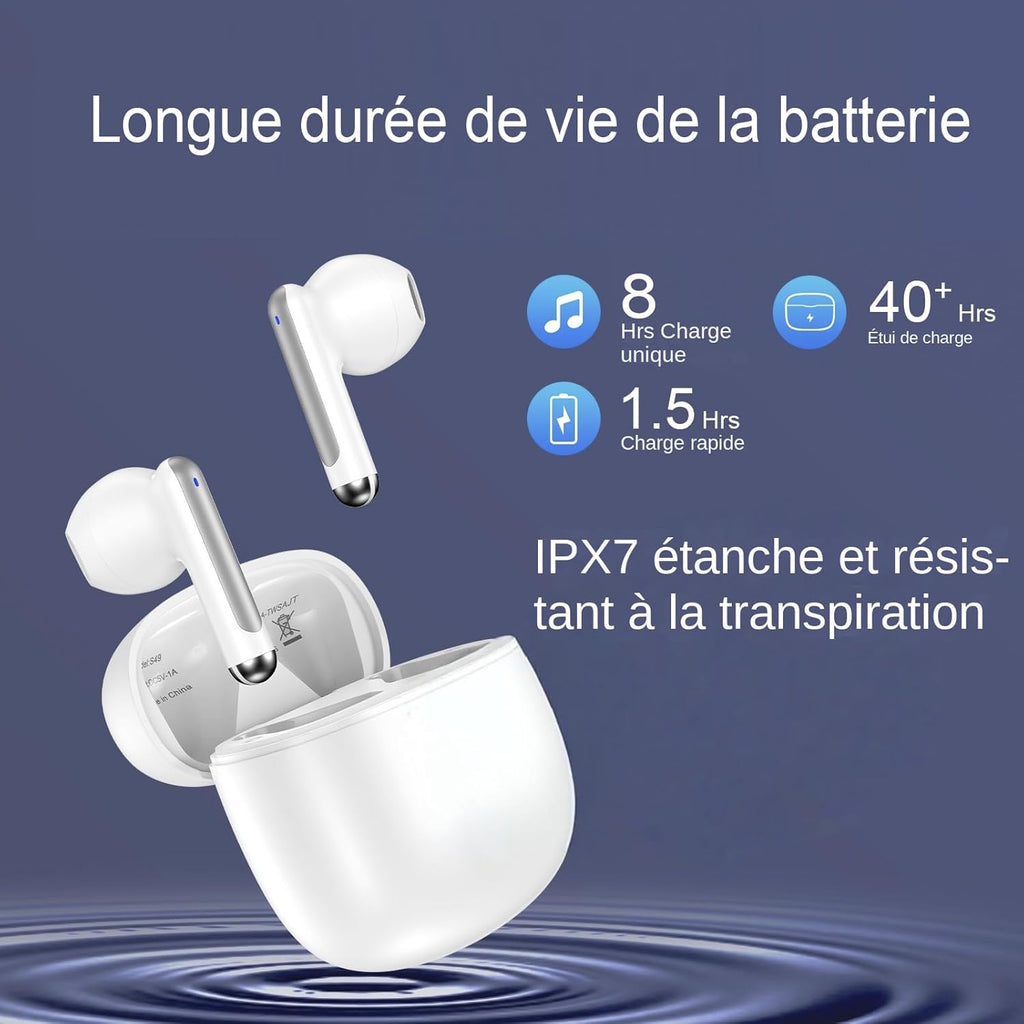 Générique Écouteurs sans Fil,Bluetooth sans Fil,Temps de Lecture de Cycle 30h Casque avec boîtier de Charge et Microphone, stéréo,oreillette Bluetooth sans (Noir) (Blanc)