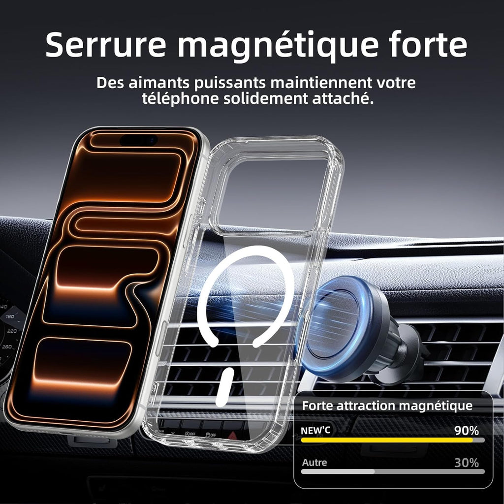 NEW'C Magnétique Coque pour iPhone 17 Pro Max (6,9 Pouces), Compatible avec MagSafe Antichoc Ultime avec Cordon – Magnétisme Puissant et Protection Militaire - Etui Fine - Transparent
