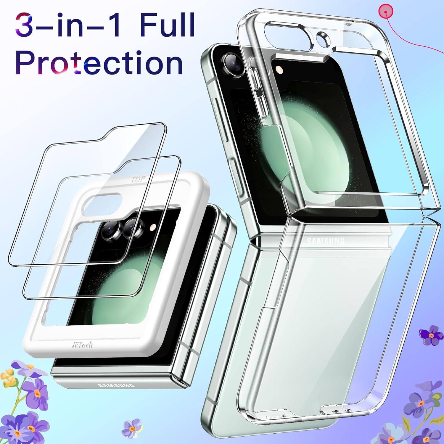 JETech Coque 3 en 1 pour Samsung Galaxy Z Flip 5 avec Lot de 2 Protection D'écran Avant en Verre Trempé, Étui Housse de Protecteur Cristal Dur Transparent en PC (Transparente)