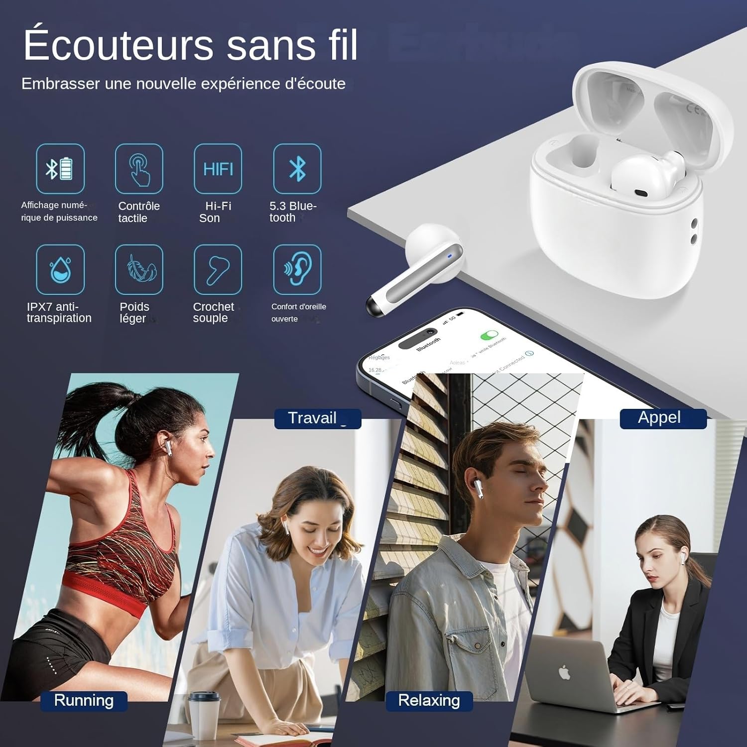 Générique Écouteurs sans Fil,Bluetooth sans Fil,Temps de Lecture de Cycle 30h Casque avec boîtier de Charge et Microphone, stéréo,oreillette Bluetooth sans (Noir) (Blanc)