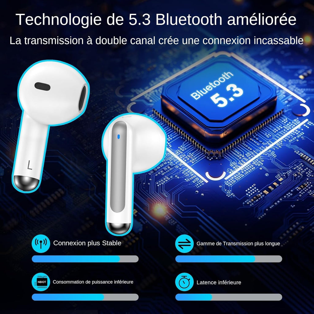 Générique Écouteurs sans Fil,Bluetooth sans Fil,Temps de Lecture de Cycle 30h Casque avec boîtier de Charge et Microphone, stéréo,oreillette Bluetooth sans (Noir) (Blanc)