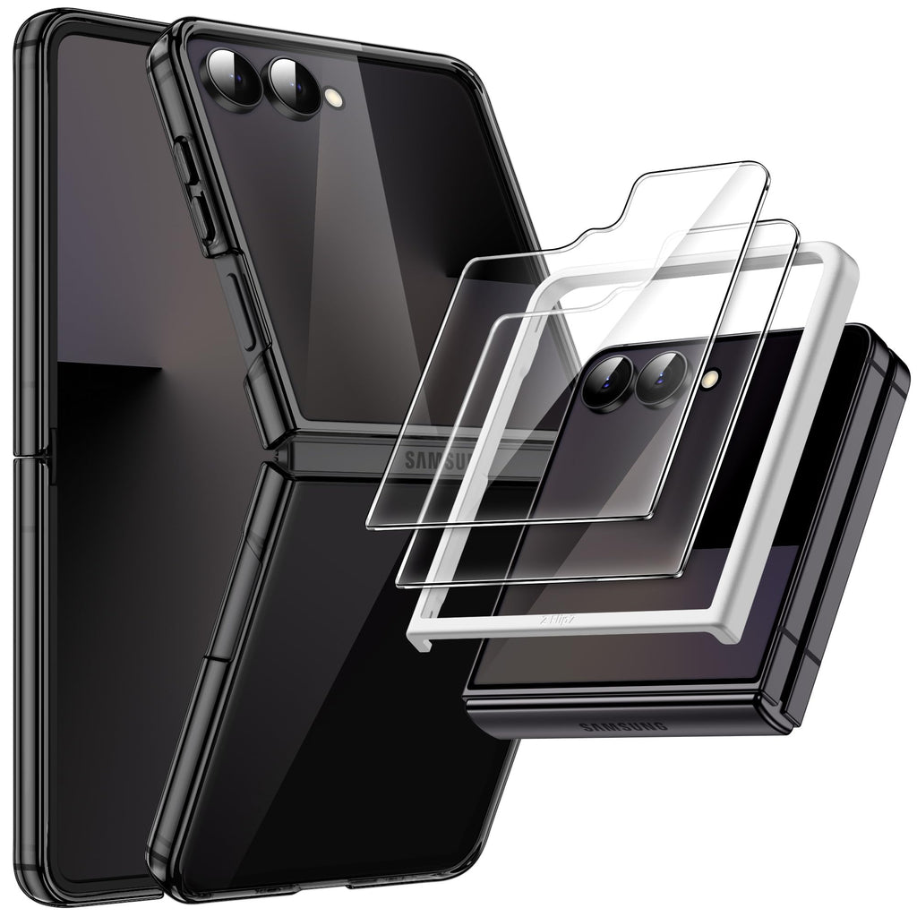 JETech Coque 3 en 1 pour Samsung Galaxy Z Flip 5 avec Lot de 2 Protection D'écran Avant en Verre Trempé, Étui Housse de Protecteur Cristal Dur Transparent en PC (Transparente)