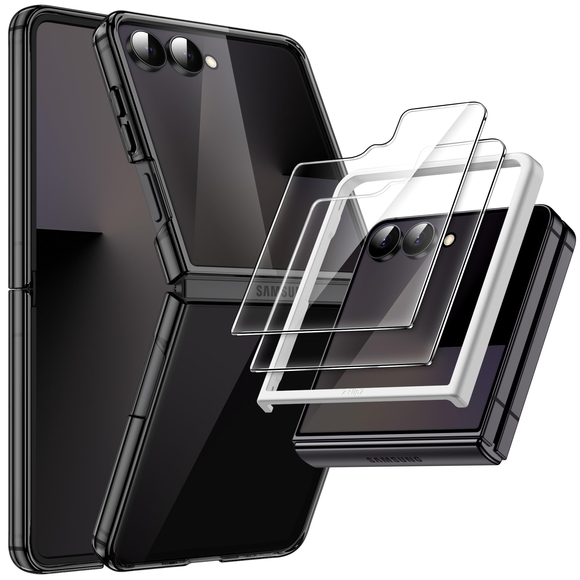 JETech Coque 3 en 1 pour Samsung Galaxy Z Flip 5 avec Lot de 2 Protection D'écran Avant en Verre Trempé, Étui Housse de Protecteur Cristal Dur Transparent en PC (Transparente)