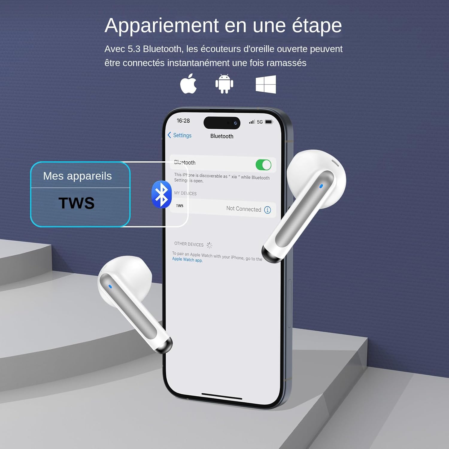 Générique Écouteurs sans Fil,Bluetooth sans Fil,Temps de Lecture de Cycle 30h Casque avec boîtier de Charge et Microphone, stéréo,oreillette Bluetooth sans (Noir) (Blanc)