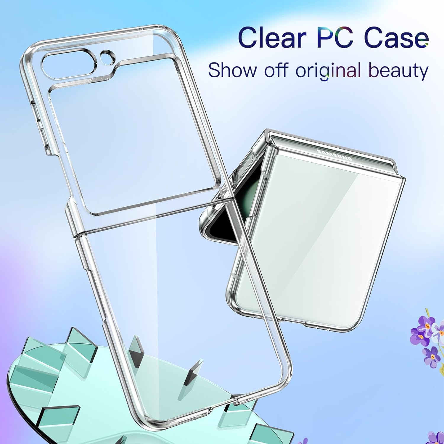 JETech Coque 3 en 1 pour Samsung Galaxy Z Flip 5 avec Lot de 2 Protection D'écran Avant en Verre Trempé, Étui Housse de Protecteur Cristal Dur Transparent en PC (Transparente)