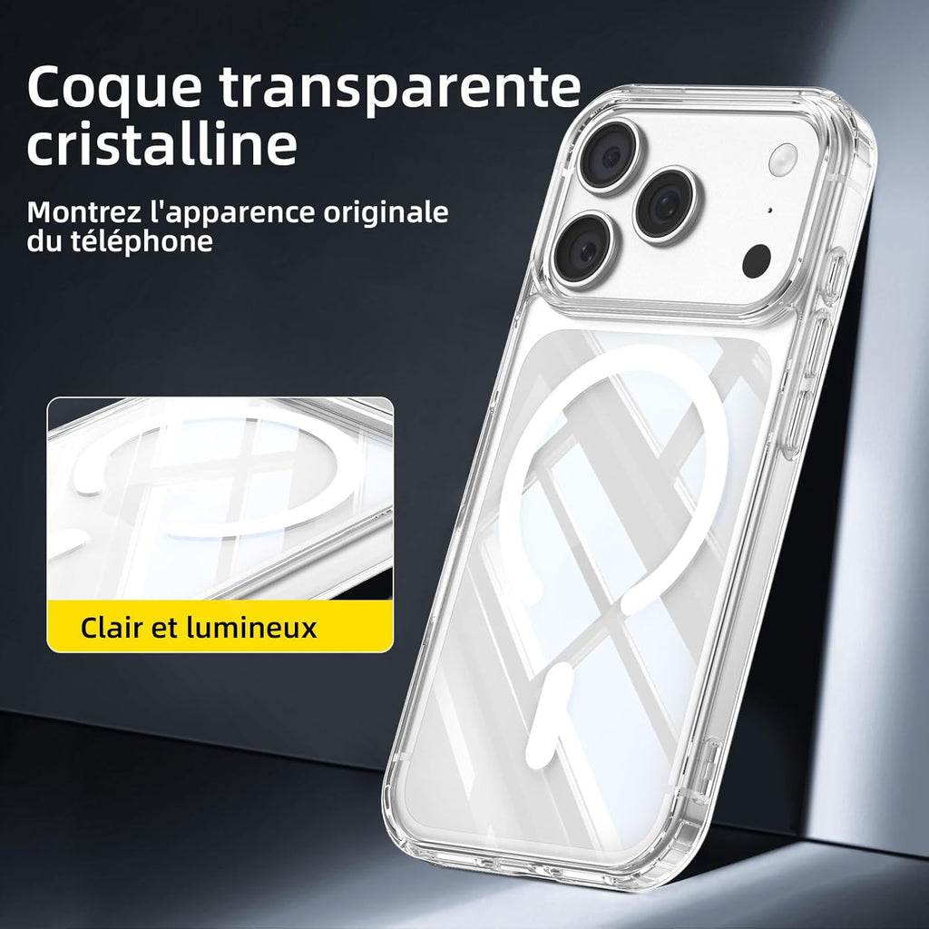 NEW'C Magnétique Coque pour iPhone 17 Pro Max (6,9 Pouces), Compatible avec MagSafe Antichoc Ultime avec Cordon – Magnétisme Puissant et Protection Militaire - Etui Fine - Transparent