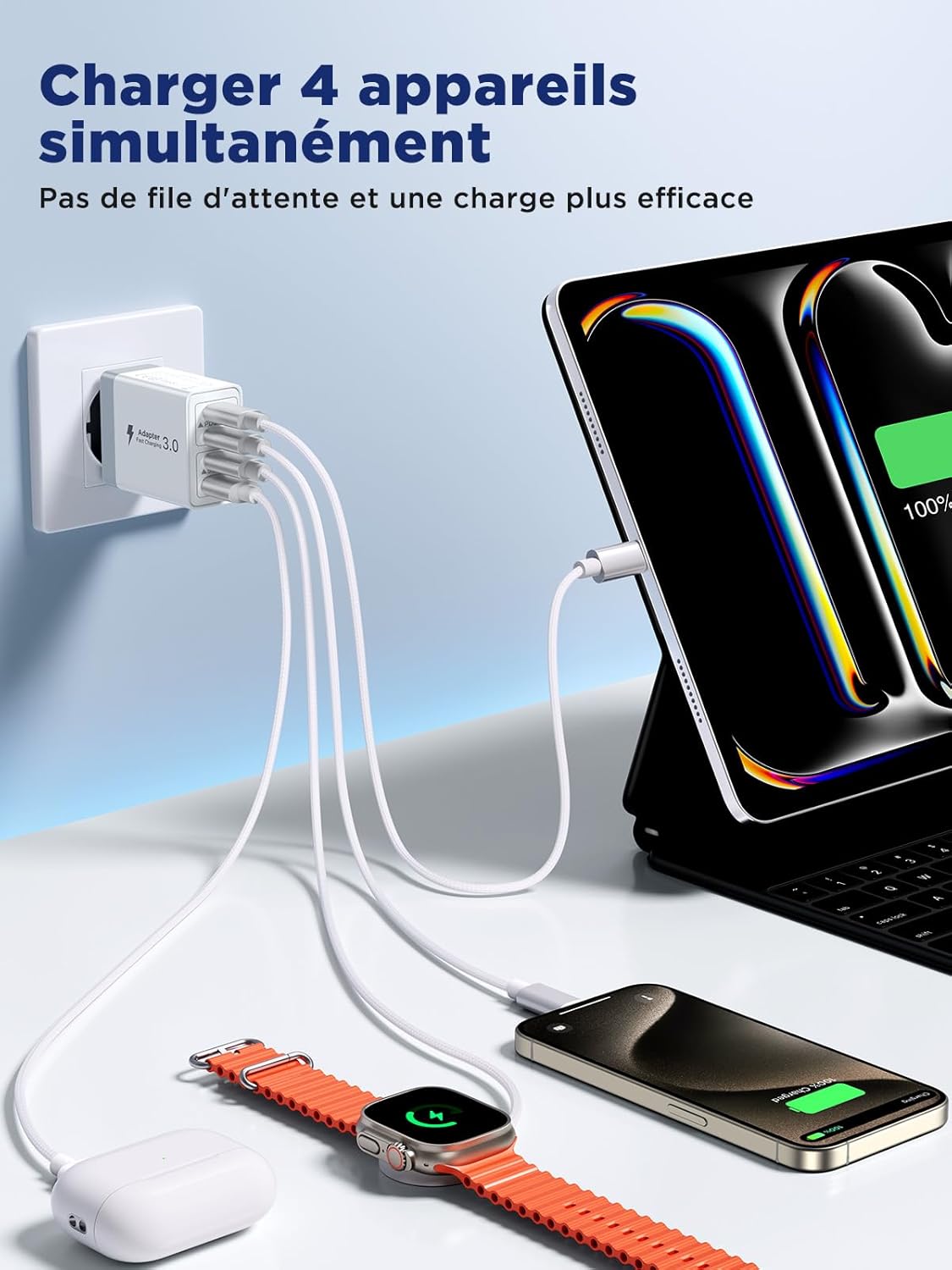 Chargeur USB C, Prise USB C Multi 40W 4 Port Chargeur Rapide iPhone 3.1A PD Type C Adaptateur Secteur USBC pour iPhone 16 15 14 13 12 11 Pro Max X XS XR 8 7 6S Plus Mini, iPad,Samsung Galaxy