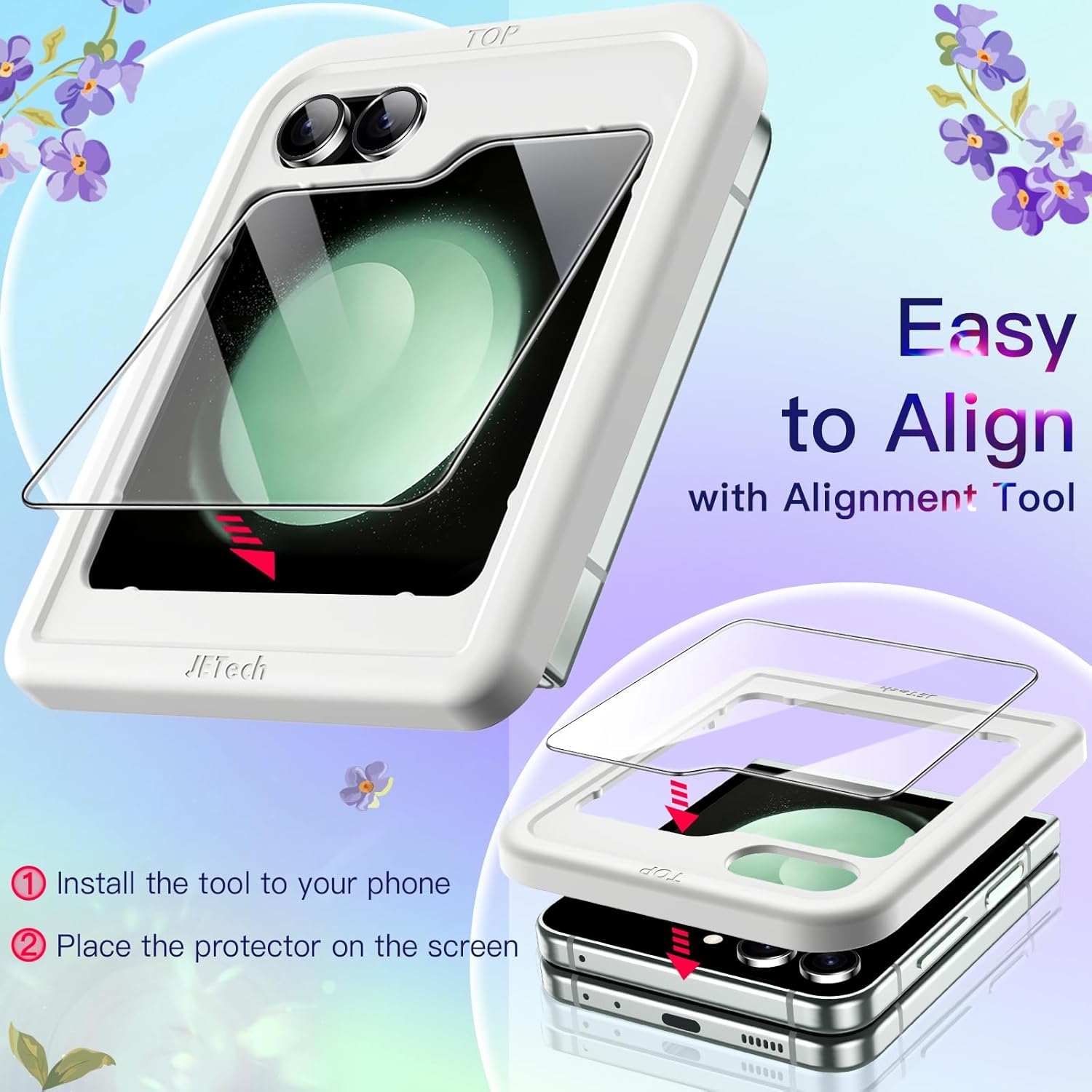 JETech Coque 3 en 1 pour Samsung Galaxy Z Flip 5 avec Lot de 2 Protection D'écran Avant en Verre Trempé, Étui Housse de Protecteur Cristal Dur Transparent en PC (Transparente)