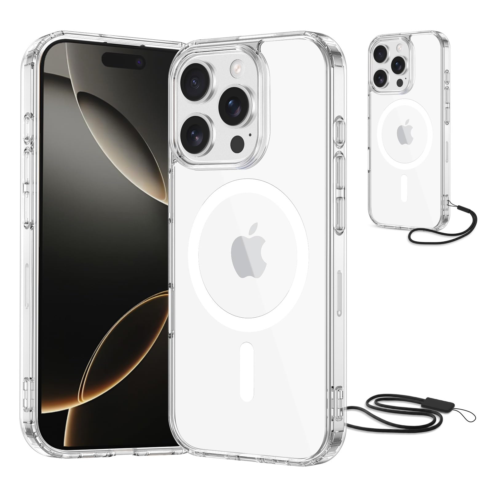 NEW'C Magnétique Coque pour iPhone 17 Pro Max (6,9 Pouces), Compatible avec MagSafe Antichoc Ultime avec Cordon – Magnétisme Puissant et Protection Militaire - Etui Fine - Transparent