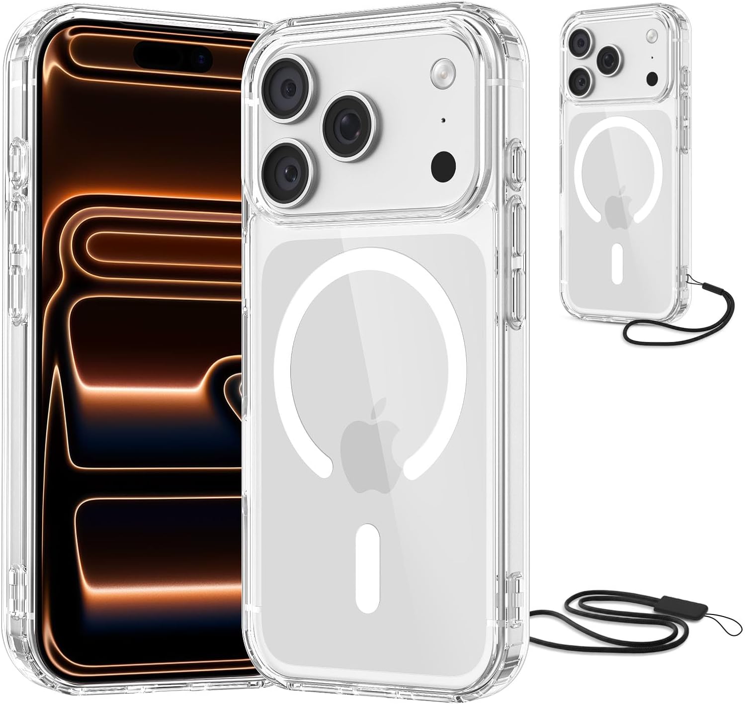 NEW'C Magnétique Coque pour iPhone 17 Pro Max (6,9 Pouces), Compatible avec MagSafe Antichoc Ultime avec Cordon – Magnétisme Puissant et Protection Militaire - Etui Fine - Transparent