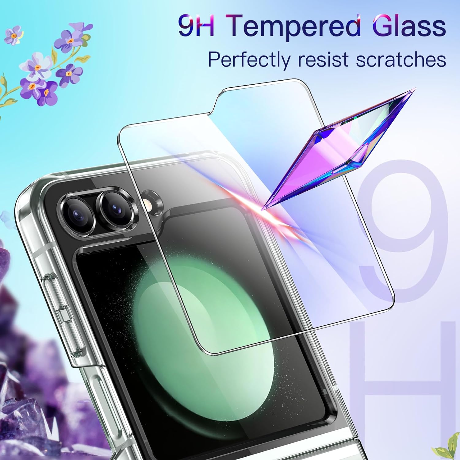 JETech Coque 3 en 1 pour Samsung Galaxy Z Flip 5 avec Lot de 2 Protection D'écran Avant en Verre Trempé, Étui Housse de Protecteur Cristal Dur Transparent en PC (Transparente)