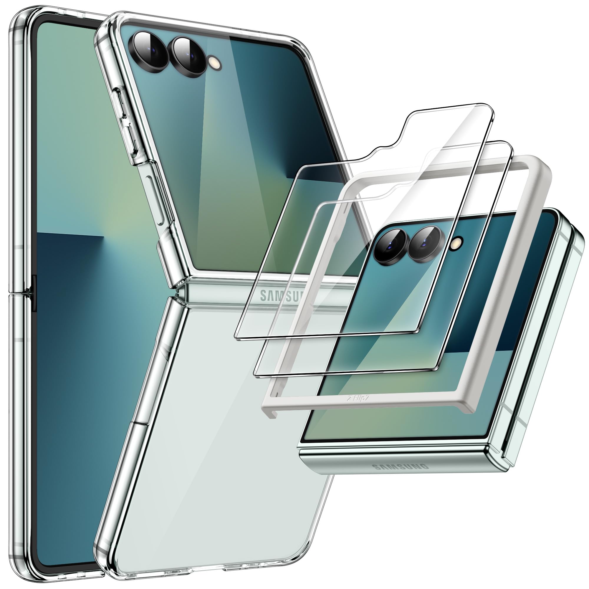 JETech Coque 3 en 1 pour Samsung Galaxy Z Flip 5 avec Lot de 2 Protection D'écran Avant en Verre Trempé, Étui Housse de Protecteur Cristal Dur Transparent en PC (Transparente)