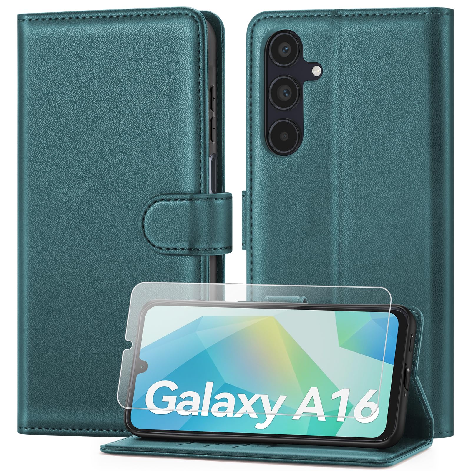 ivencase Coque pour Samsung Galaxy A16 avec Verre Trempé, étui Cuir PU Magnétique [ Pochette de Portefeuille ], Housse de Fonction Stand Video Porte Carte Credit à Rabat pour Samsung A16 5G/4G - Noir