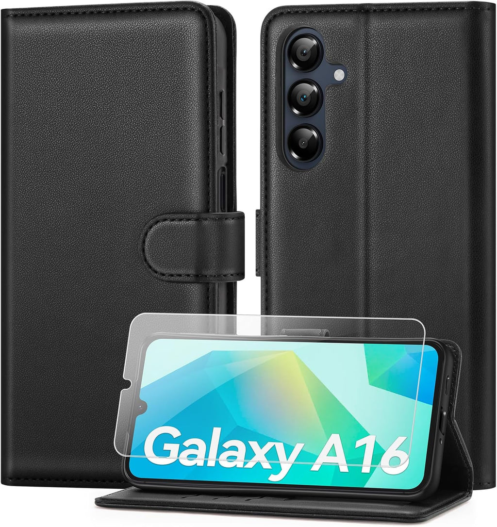 ivencase Coque pour Samsung Galaxy A16 avec Verre Trempé, étui Cuir PU Magnétique [ Pochette de Portefeuille ], Housse de Fonction Stand Video Porte Carte Credit à Rabat pour Samsung A16 5G/4G - Noir