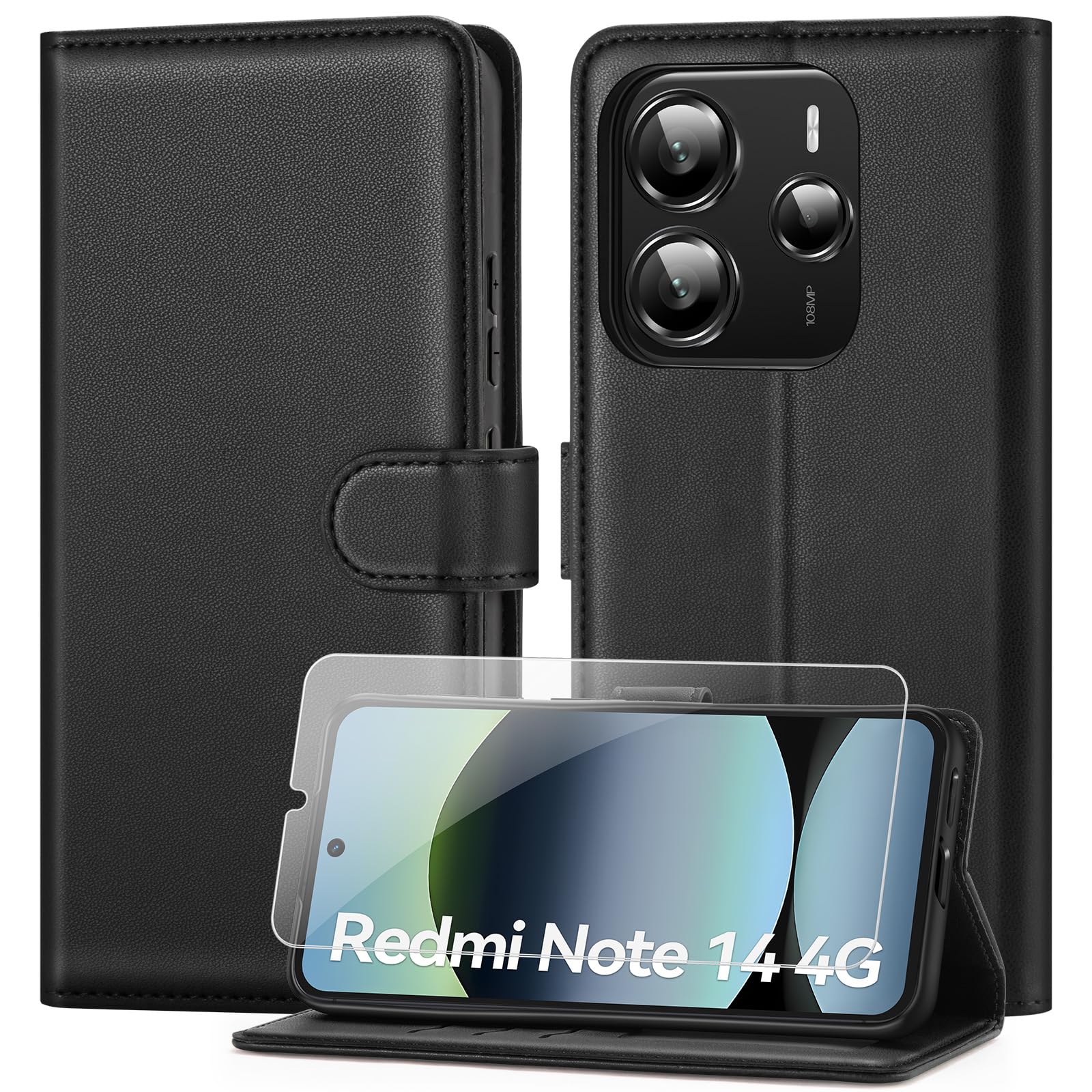 ivencase Coque pour Samsung Galaxy A16 avec Verre Trempé, étui Cuir PU Magnétique [ Pochette de Portefeuille ], Housse de Fonction Stand Video Porte Carte Credit à Rabat pour Samsung A16 5G/4G - Noir