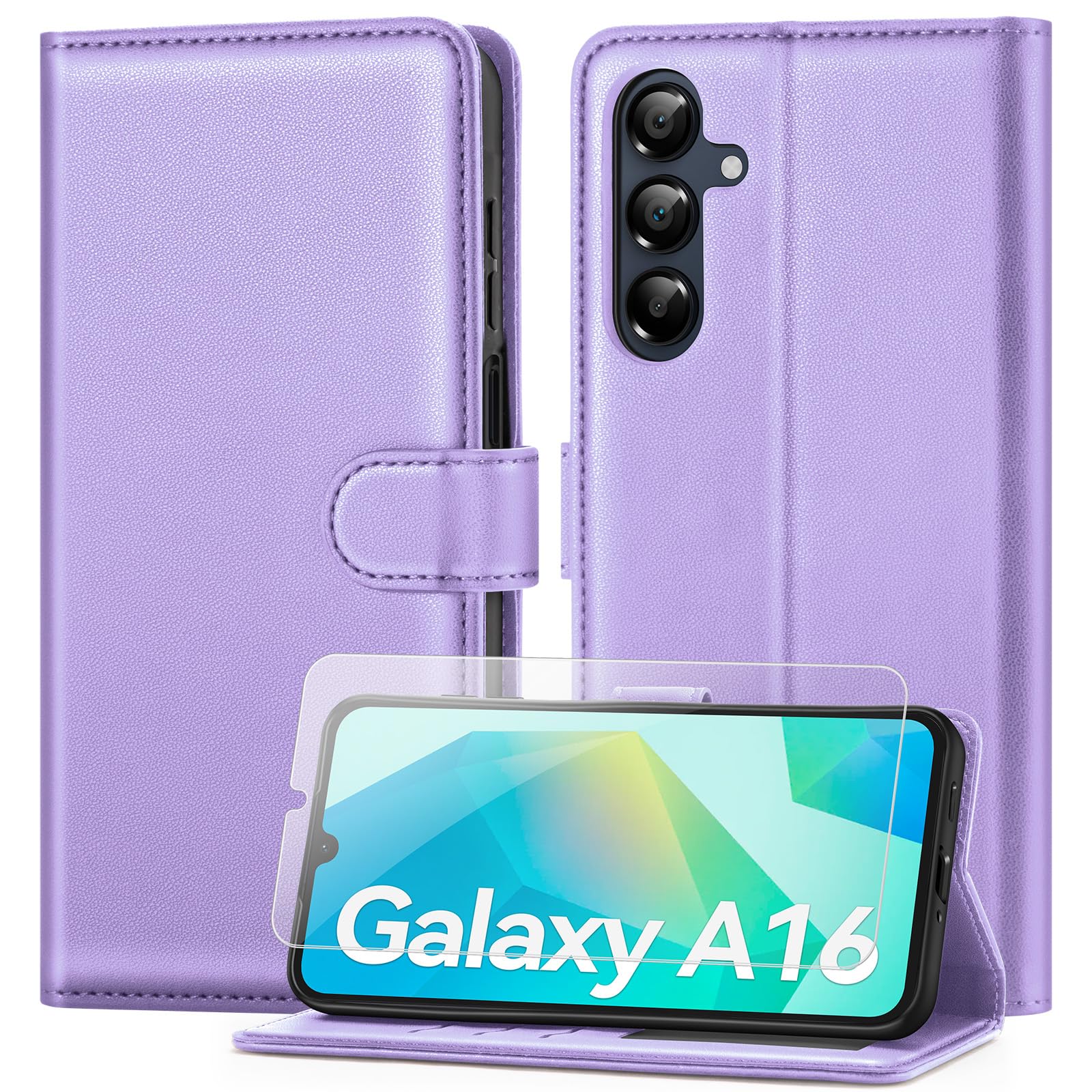 ivencase Coque pour Samsung Galaxy A16 avec Verre Trempé, étui Cuir PU Magnétique [ Pochette de Portefeuille ], Housse de Fonction Stand Video Porte Carte Credit à Rabat pour Samsung A16 5G/4G - Noir
