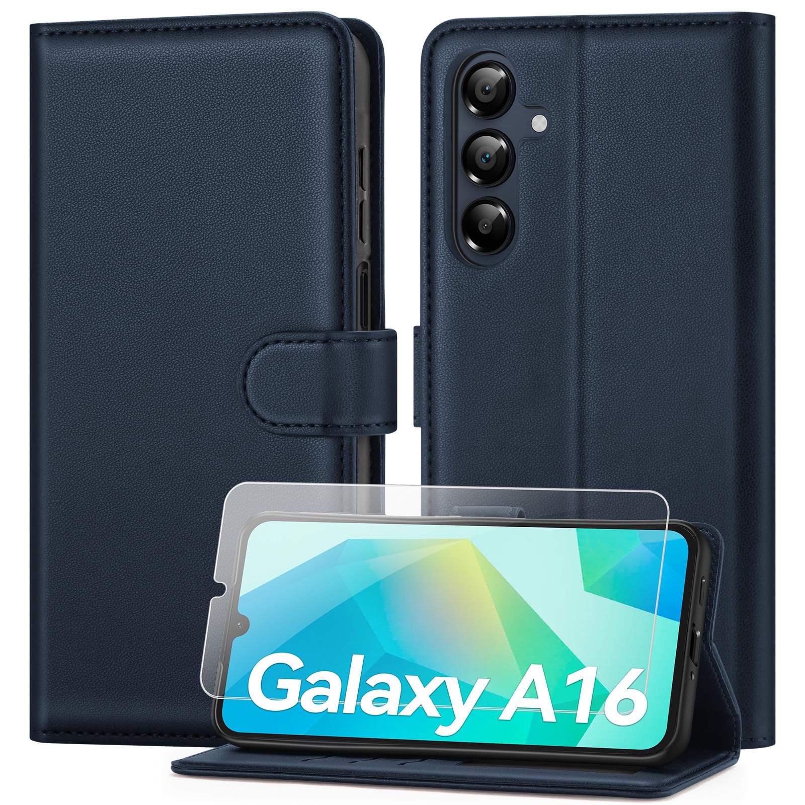 ivencase Coque pour Samsung Galaxy A16 avec Verre Trempé, étui Cuir PU Magnétique [ Pochette de Portefeuille ], Housse de Fonction Stand Video Porte Carte Credit à Rabat pour Samsung A16 5G/4G - Noir