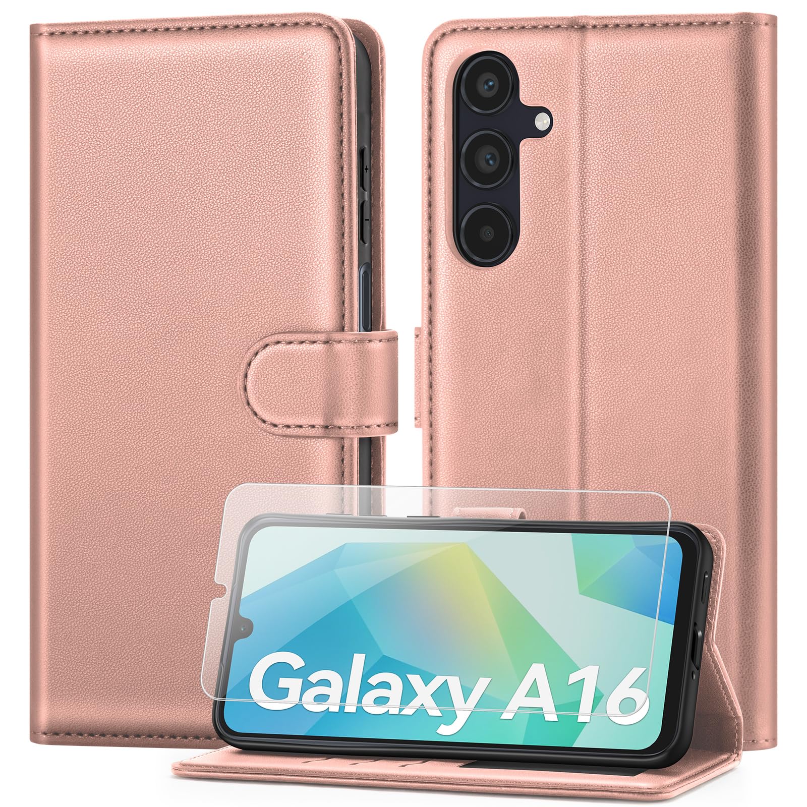 ivencase Coque pour Samsung Galaxy A16 avec Verre Trempé, étui Cuir PU Magnétique [ Pochette de Portefeuille ], Housse de Fonction Stand Video Porte Carte Credit à Rabat pour Samsung A16 5G/4G - Noir