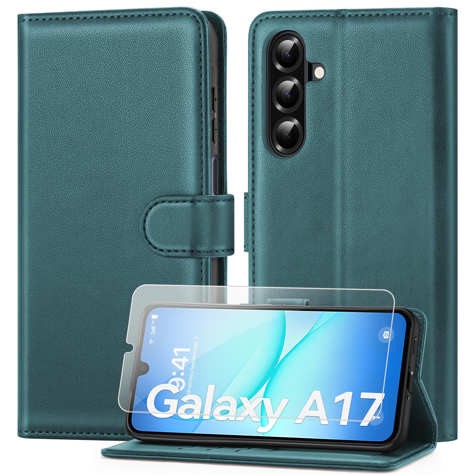 ivencase Coque pour Samsung Galaxy A16 avec Verre Trempé, étui Cuir PU Magnétique [ Pochette de Portefeuille ], Housse de Fonction Stand Video Porte Carte Credit à Rabat pour Samsung A16 5G/4G - Noir